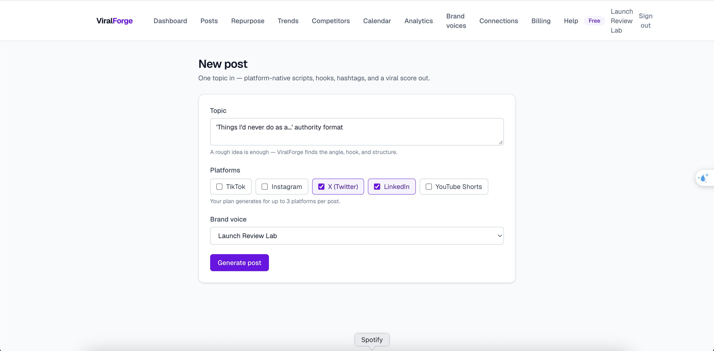 ViralForge new-post composer with topic, platform selection and brand-voice dropdown