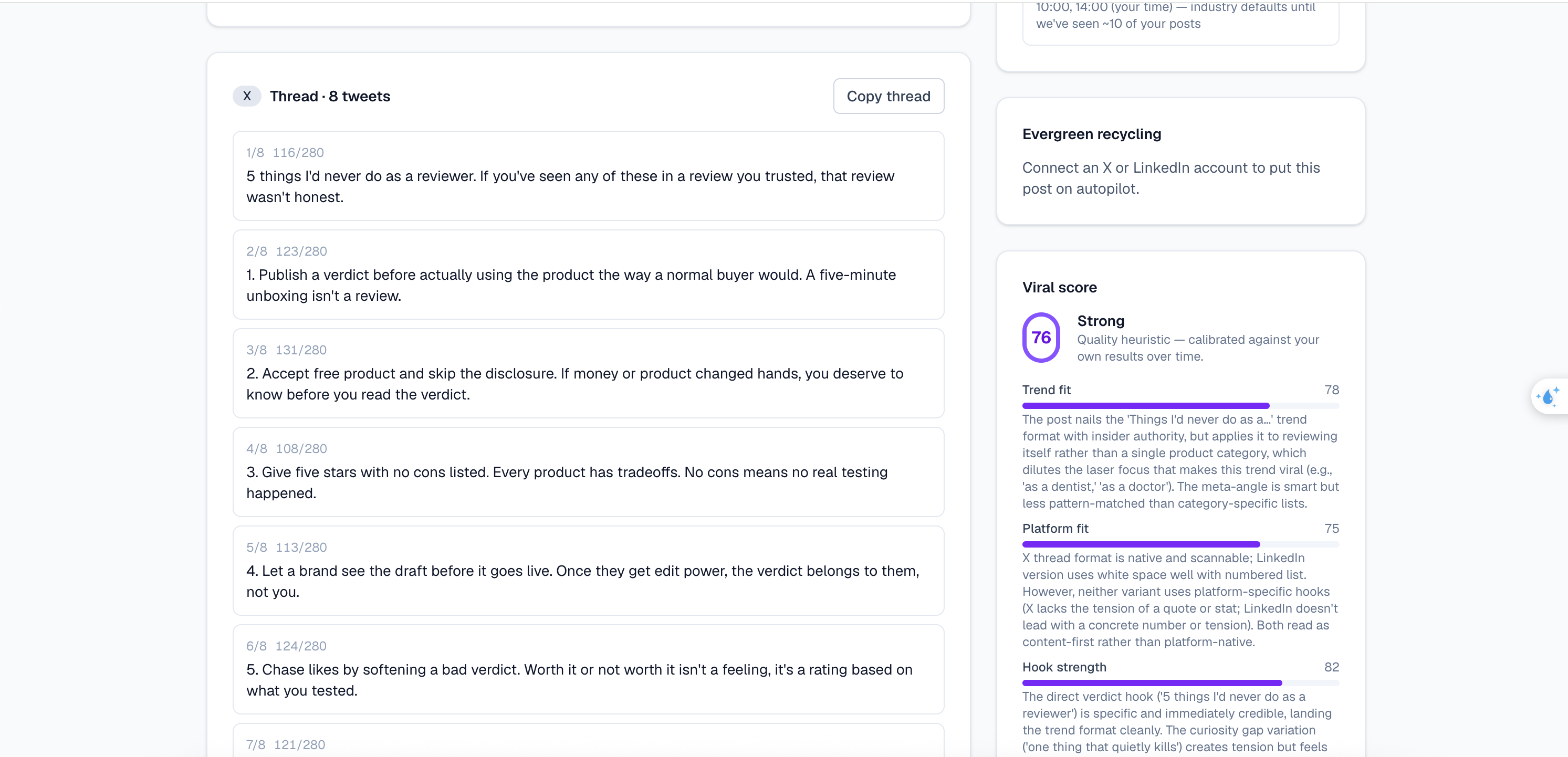 ViralForge eight-part X thread next to a viral-score panel with trend fit, platform fit and hook strength