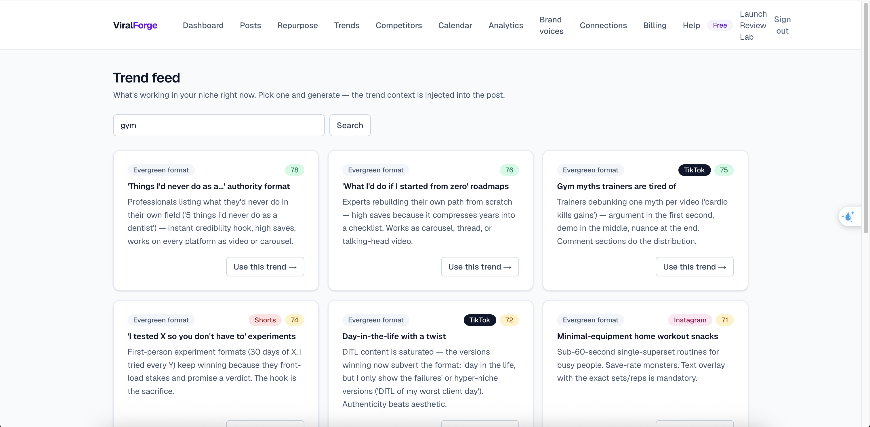 ViralForge trend feed with niche search, content-format suggestions and relevance scores