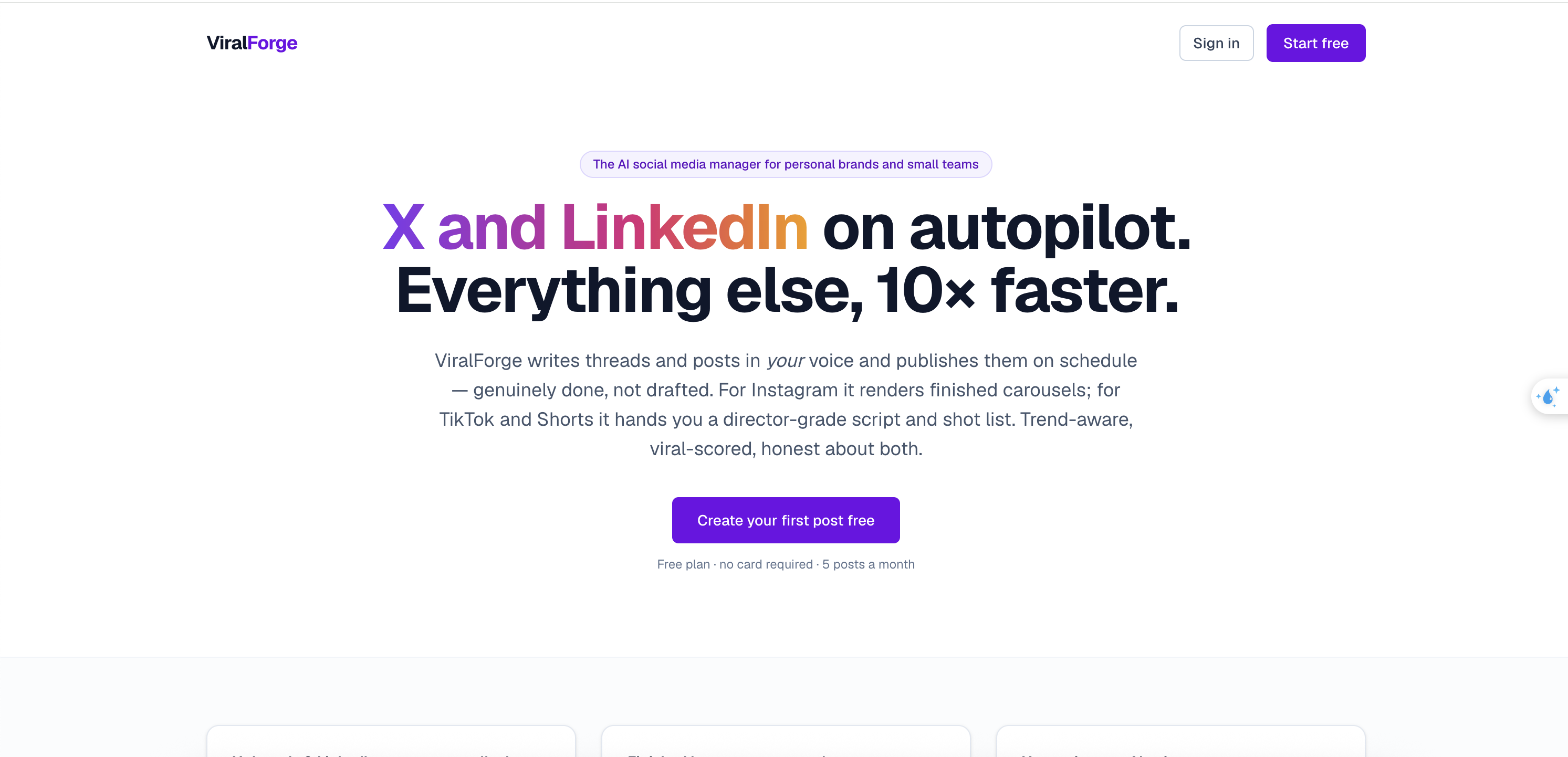 ViralForge vendor homepage describing X and LinkedIn posting, Instagram carousels and short-video scripts